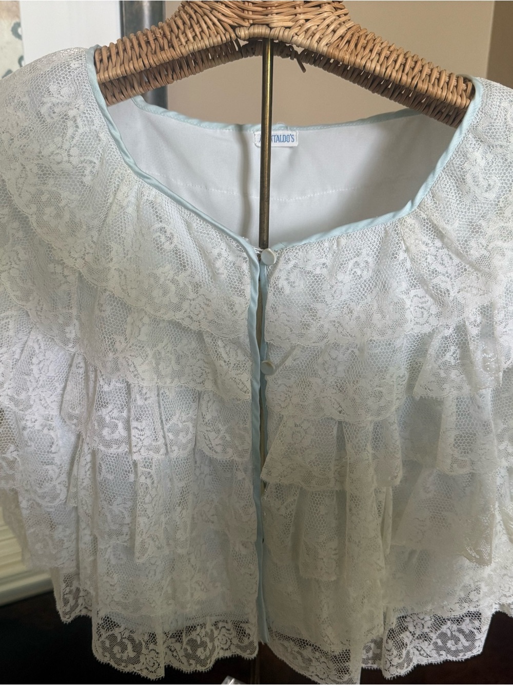 Vintage Pale Blue and Lace Night/Bed Jacket from Montaldos- Small